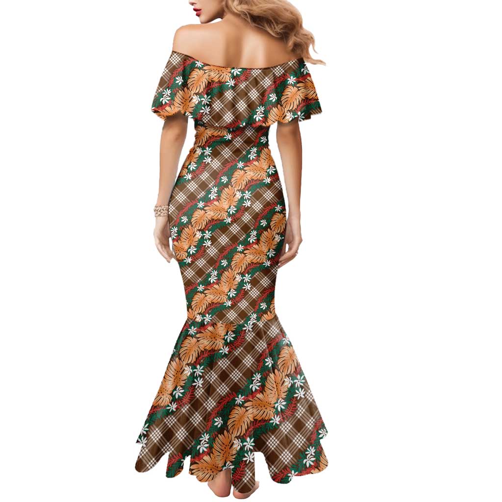 Polynesian Monstera Tiare Floral Mermaid Dress Chocolate Brown Tropical Plaid - Polynesian Pride