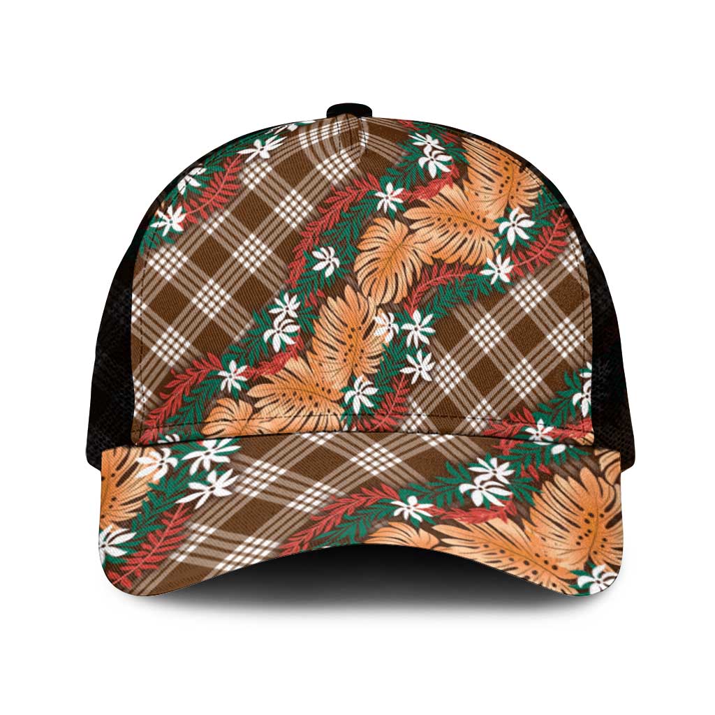 Polynesian Monstera Tiare Floral Mesh Trucker Cap Chocolate Brown Tropical Plaid - Polynesian Pride