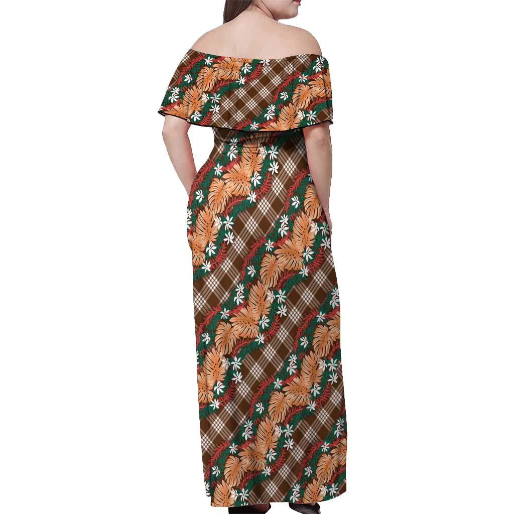 Polynesian Monstera Tiare Floral Off Shoulder Maxi Dress Chocolate Brown Tropical Plaid - Polynesian Pride