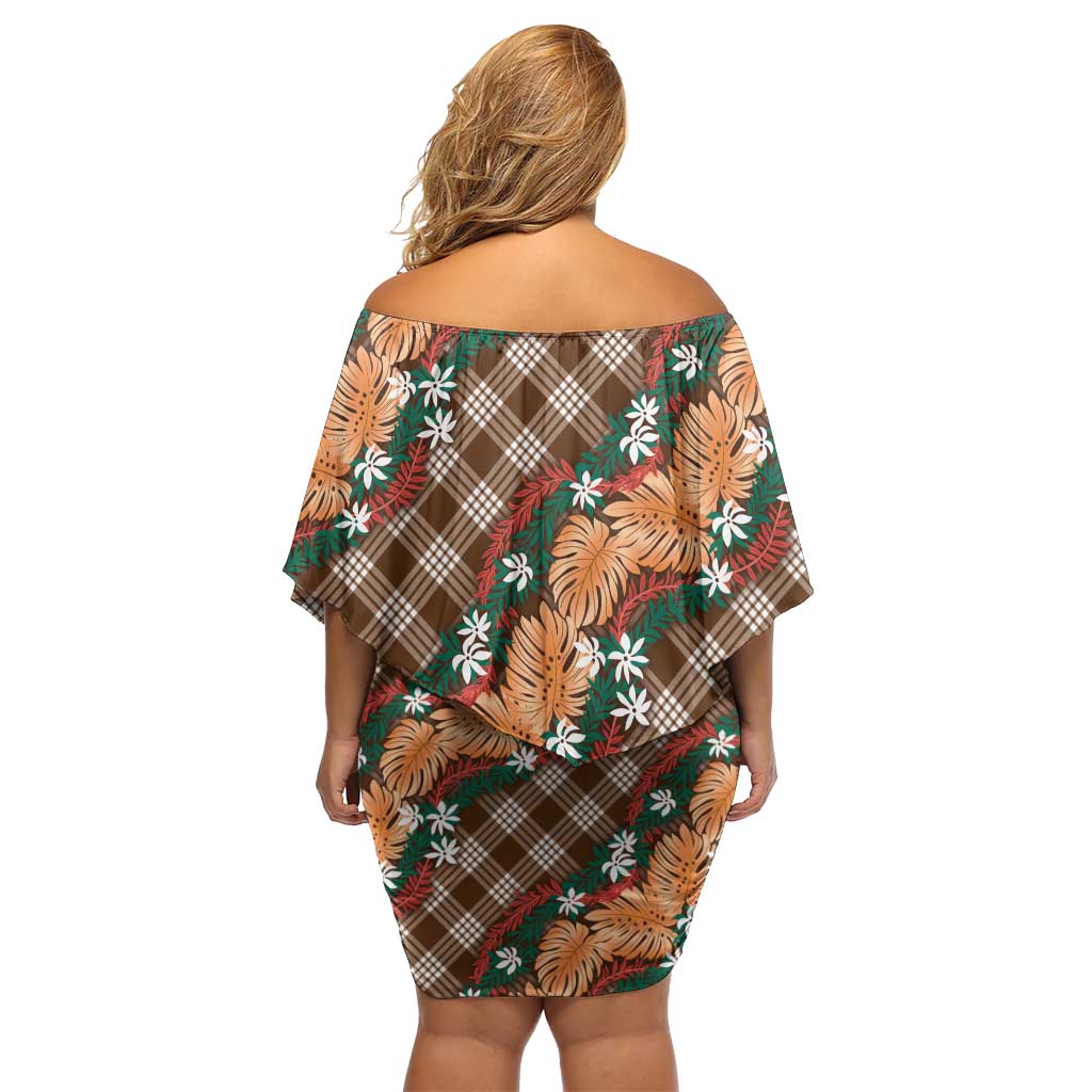 Polynesian Monstera Tiare Floral Off Shoulder Short Dress Chocolate Brown Tropical Plaid - Polynesian Pride