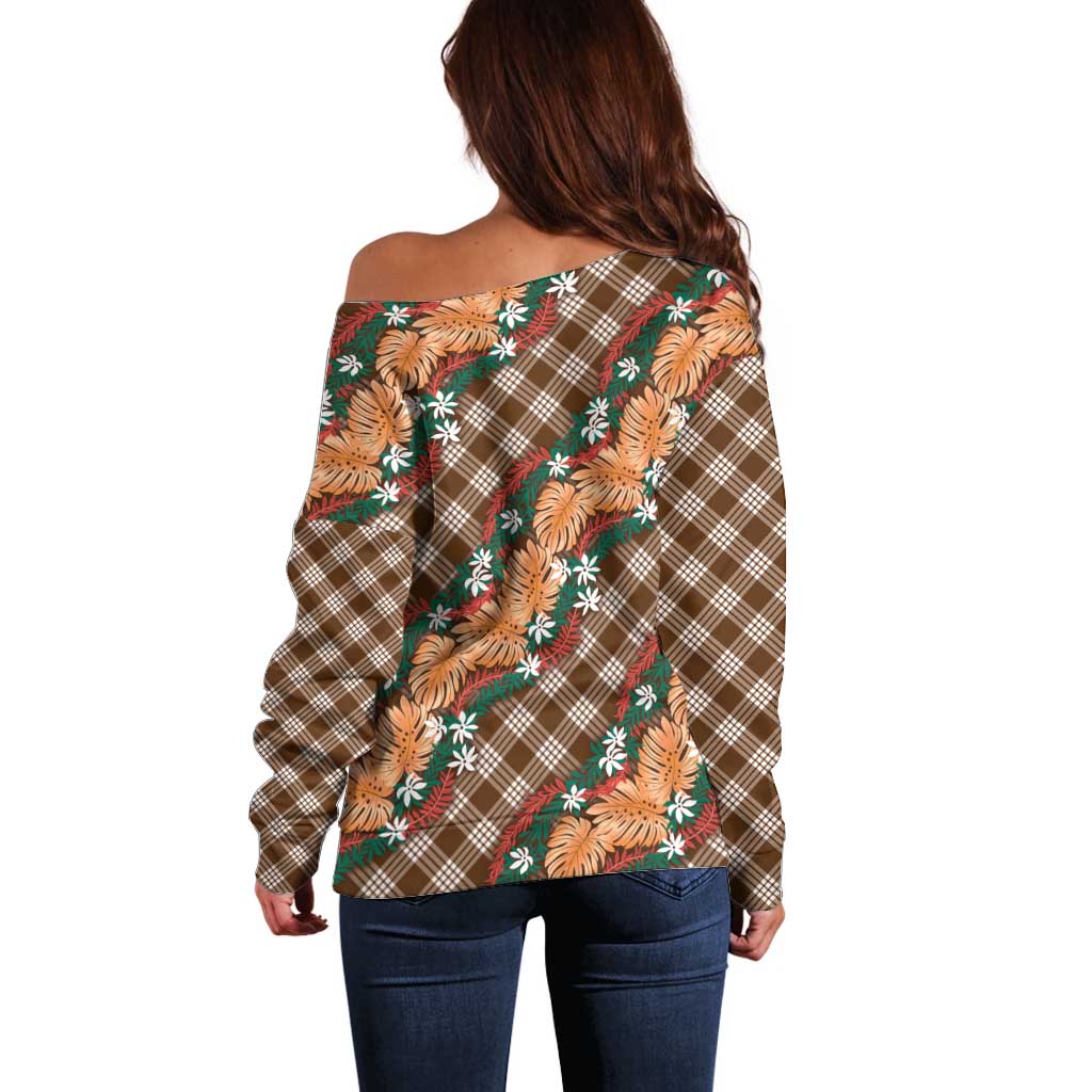 Polynesian Monstera Tiare Floral Off Shoulder Sweater Chocolate Brown Tropical Plaid - Polynesian Pride