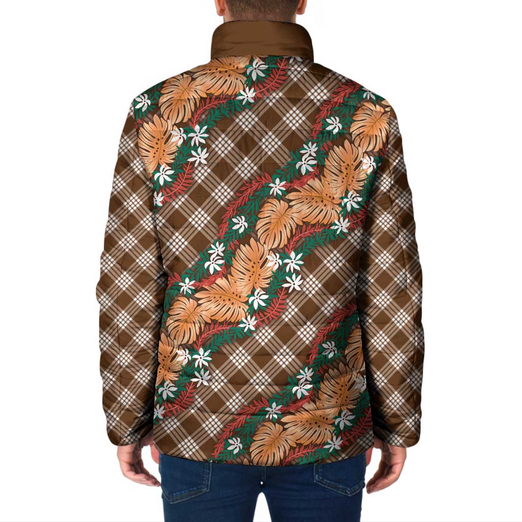 Polynesian Monstera Tiare Floral Padded Jacket Chocolate Brown Tropical Plaid - Polynesian Pride
