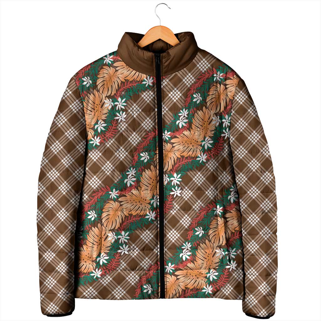 Polynesian Monstera Tiare Floral Padded Jacket Chocolate Brown Tropical Plaid - Polynesian Pride