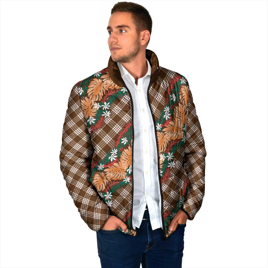 Polynesian Monstera Tiare Floral Padded Jacket Chocolate Brown Tropical Plaid - Polynesian Pride