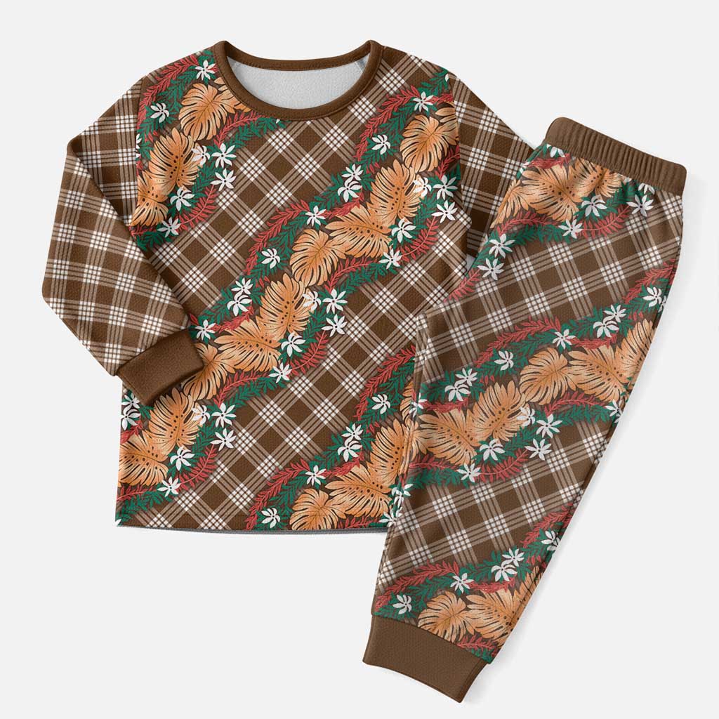 Polynesian Monstera Tiare Floral Christmas Pajama Set Chocolate Brown Tropical Plaid LT01 Men Brown - Polynesian Pride