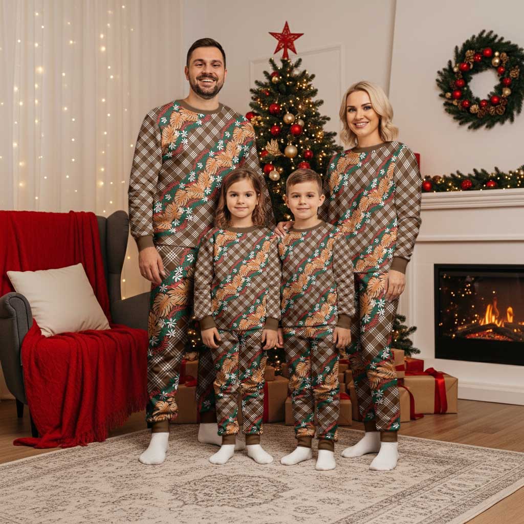 Polynesian Monstera Tiare Floral Christmas Pajama Set Chocolate Brown Tropical Plaid - Polynesian Pride