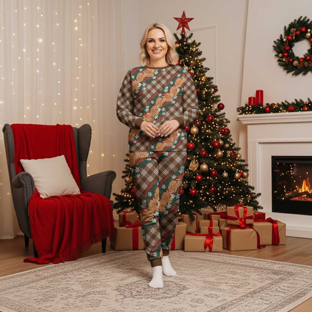 Polynesian Monstera Tiare Floral Christmas Pajama Set Chocolate Brown Tropical Plaid - Polynesian Pride