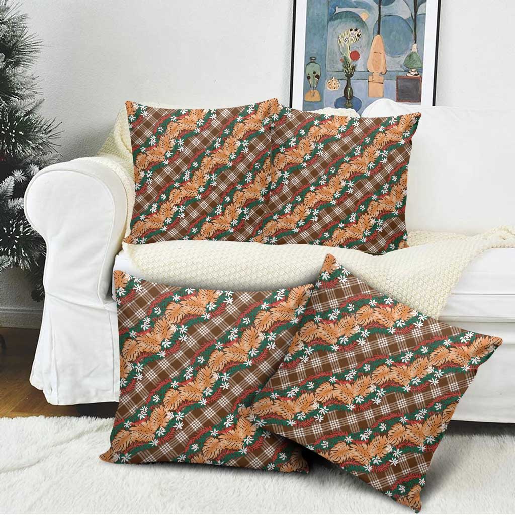 Polynesian Monstera Tiare Floral Pillow Cover Chocolate Brown Tropical Plaid - Polynesian Pride