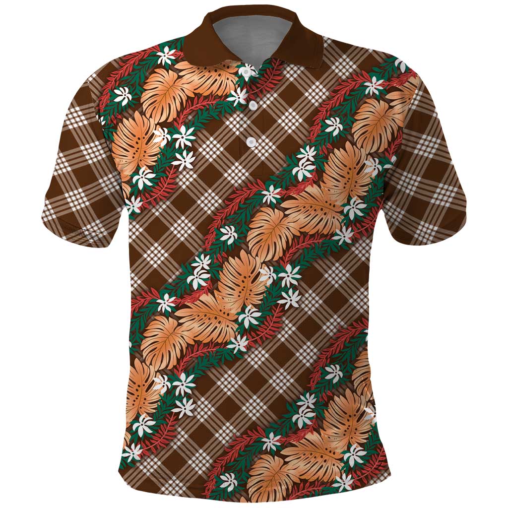 Polynesian Monstera Tiare Floral Polo Shirt Chocolate Brown Tropical Plaid LT01 Brown - Polynesian Pride