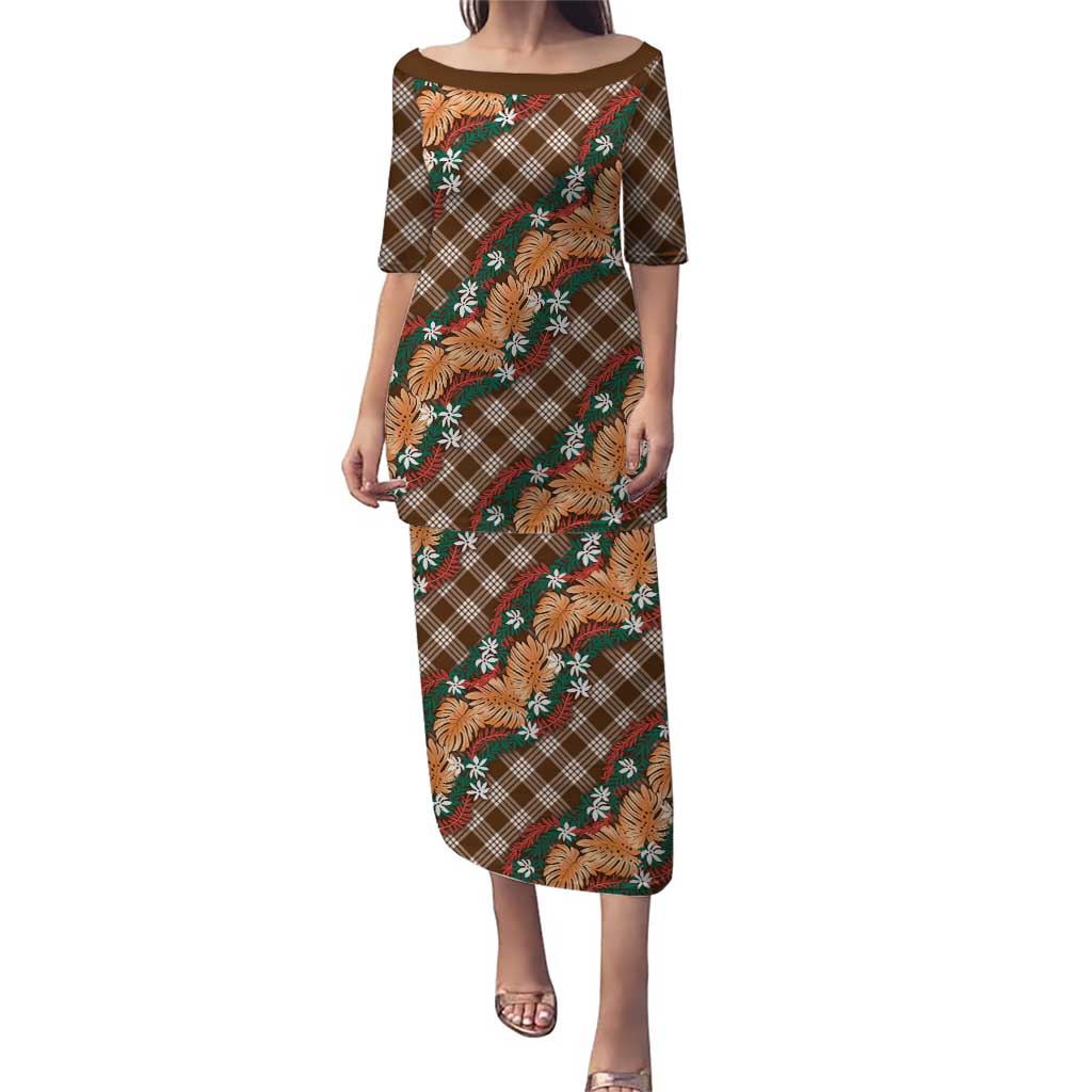 Polynesian Monstera Tiare Floral Puletasi Chocolate Brown Tropical Plaid - Polynesian Pride