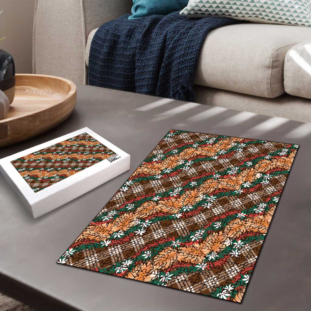Polynesian Monstera Tiare Floral Puzzle Chocolate Brown Tropical Plaid - Polynesian Pride