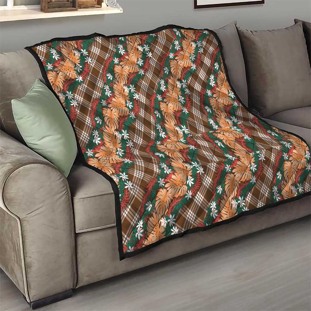Polynesian Monstera Tiare Floral Quilt Chocolate Brown Tropical Plaid - Polynesian Pride