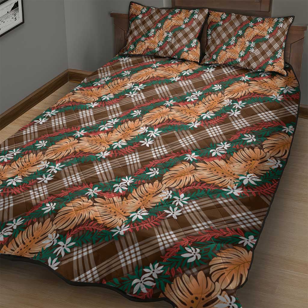 Polynesian Monstera Tiare Floral Quilt Bed Set Chocolate Brown Tropical Plaid - Polynesian Pride