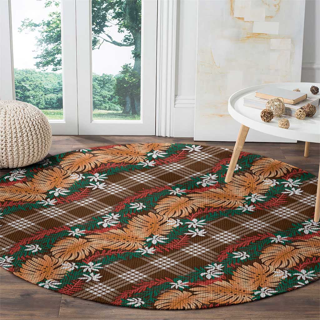 Polynesian Monstera Tiare Floral Round Carpet Chocolate Brown Tropical Plaid - Polynesian Pride