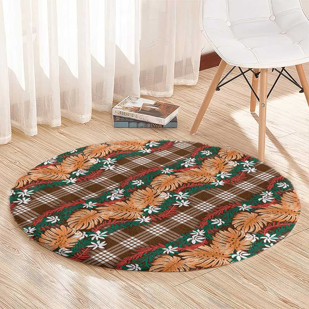 Polynesian Monstera Tiare Floral Round Carpet Chocolate Brown Tropical Plaid - Polynesian Pride