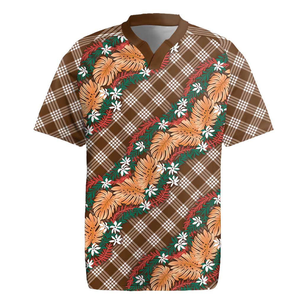 Polynesian Monstera Tiare Floral Rugby Jersey Chocolate Brown Tropical Plaid LT01 Brown - Polynesian Pride