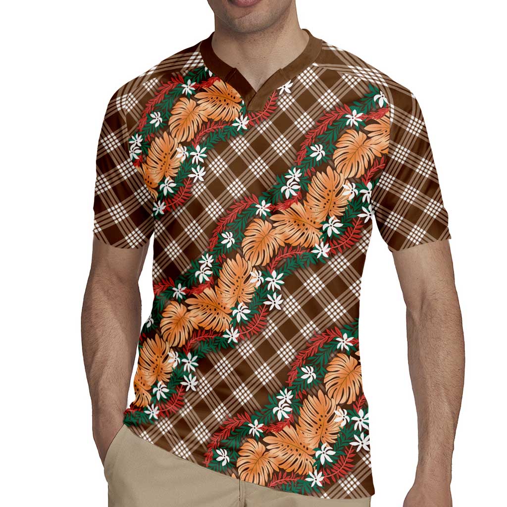 Polynesian Monstera Tiare Floral Rugby Jersey Chocolate Brown Tropical Plaid - Polynesian Pride