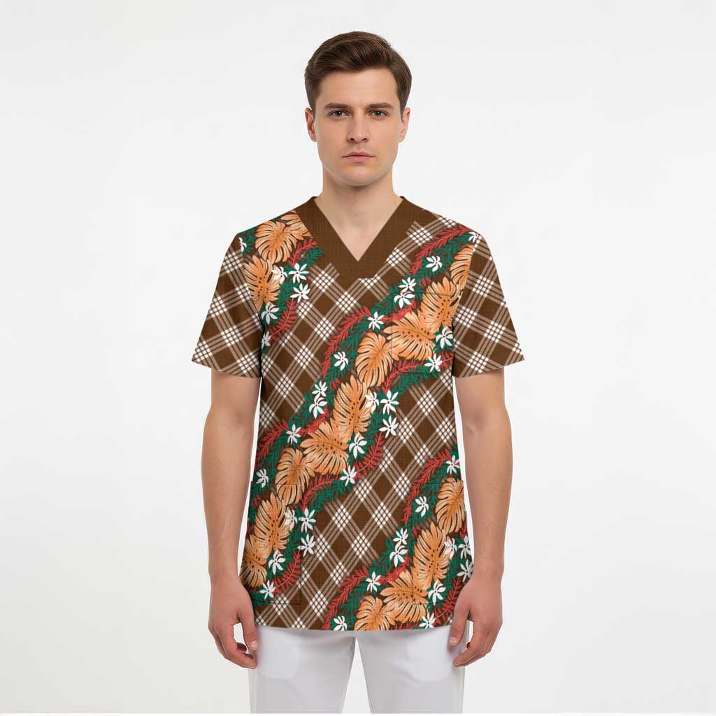 Polynesian Monstera Tiare Floral Scrub Top Chocolate Brown Tropical Plaid - Polynesian Pride