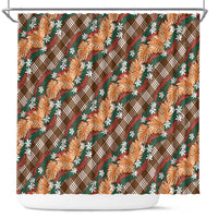 Polynesian Monstera Tiare Floral Shower Curtain Chocolate Brown Tropical Plaid - Polynesian Pride