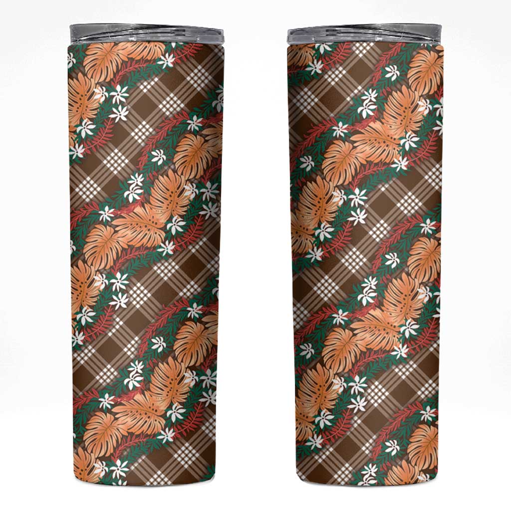 Polynesian Monstera Tiare Floral Skinny Tumbler Chocolate Brown Tropical Plaid - Polynesian Pride