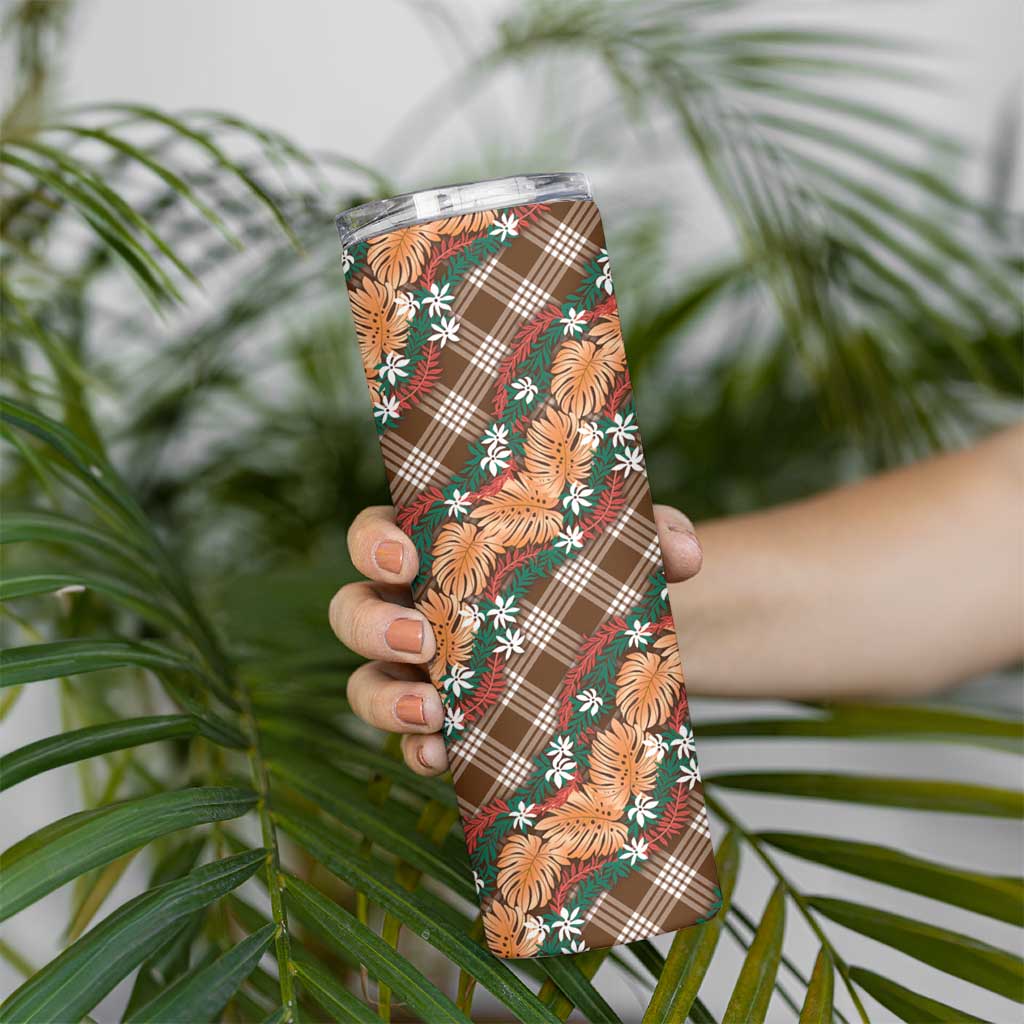 Polynesian Monstera Tiare Floral Skinny Tumbler Chocolate Brown Tropical Plaid - Polynesian Pride