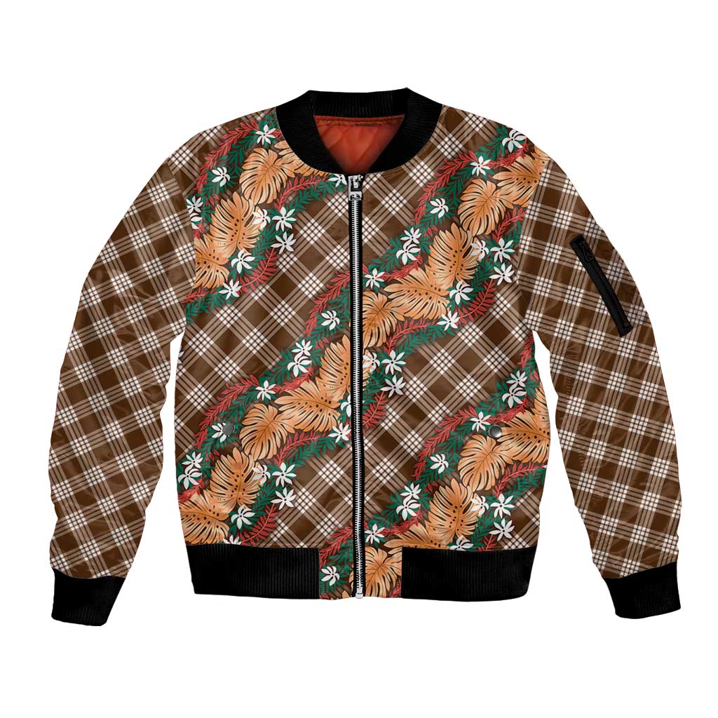 Polynesian Monstera Tiare Floral Sleeve Zip Bomber Jacket Chocolate Brown Tropical Plaid - Polynesian Pride