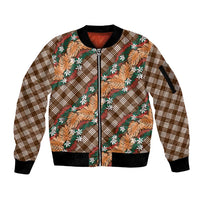 Polynesian Monstera Tiare Floral Sleeve Zip Bomber Jacket Chocolate Brown Tropical Plaid - Polynesian Pride