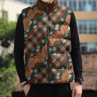 Polynesian Monstera Tiare Floral Sleeveless Puffer Jacket Chocolate Brown Tropical Plaid - Polynesian Pride