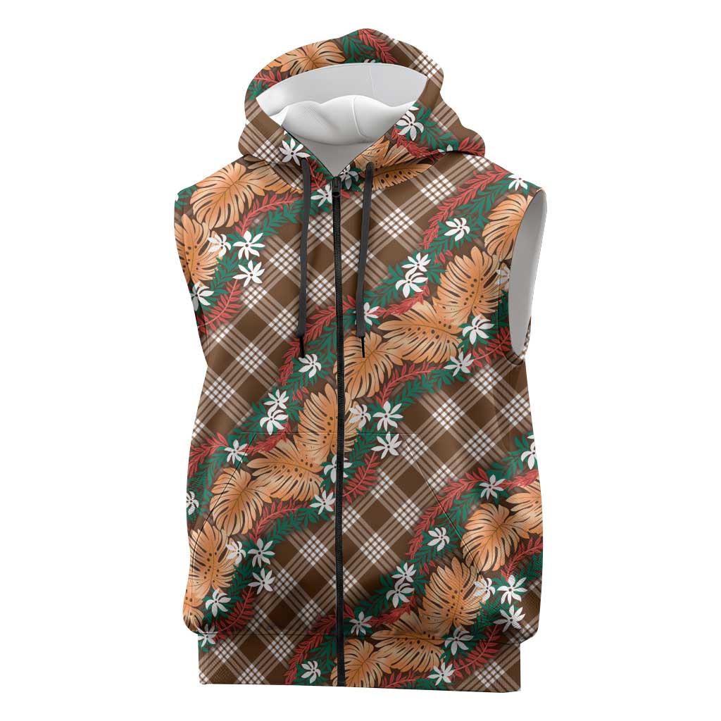 Polynesian Monstera Tiare Floral Sleeveless Zip Hoodie Chocolate Brown Tropical Plaid - Polynesian Pride