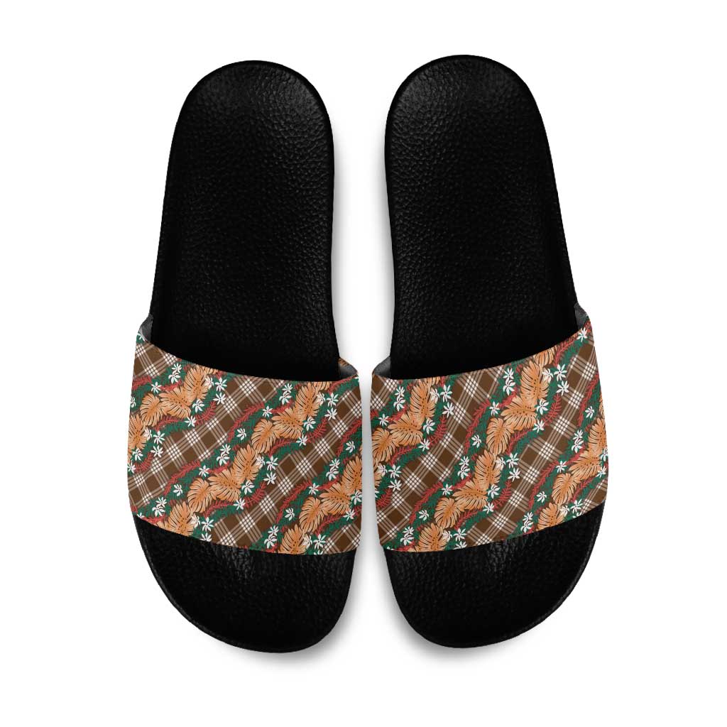 Polynesian Monstera Tiare Floral Slide Sandals Chocolate Brown Tropical Plaid - Polynesian Pride