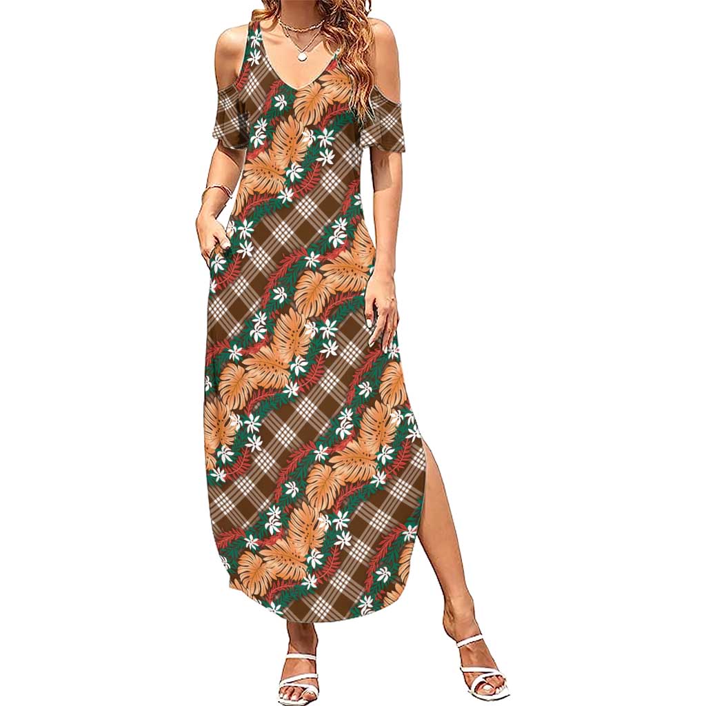 Polynesian Monstera Tiare Floral Summer Maxi Dress Chocolate Brown Tropical Plaid LT01 Women Brown - Polynesian Pride