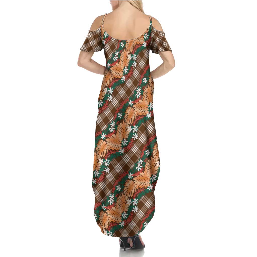 Polynesian Monstera Tiare Floral Summer Maxi Dress Chocolate Brown Tropical Plaid - Polynesian Pride