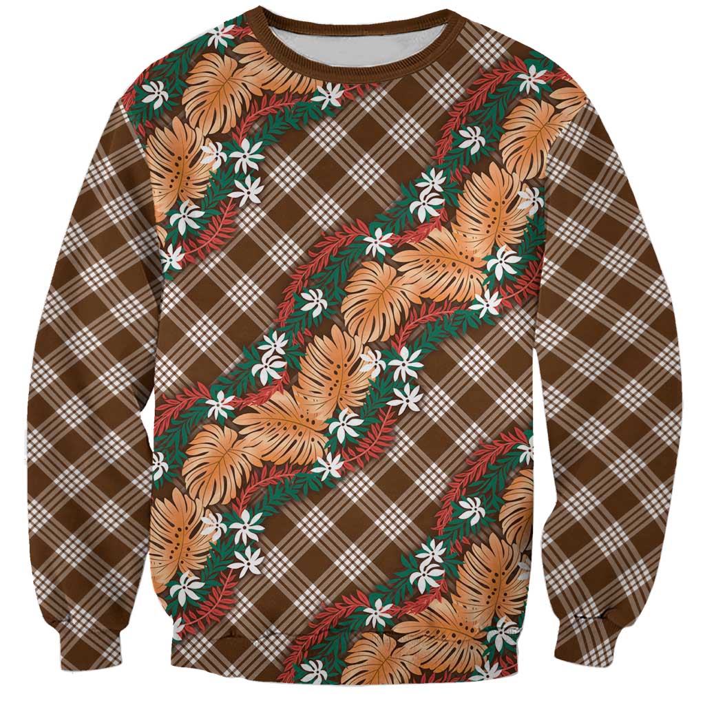 Polynesian Monstera Tiare Floral Sweatshirt Chocolate Brown Tropical Plaid - Polynesian Pride