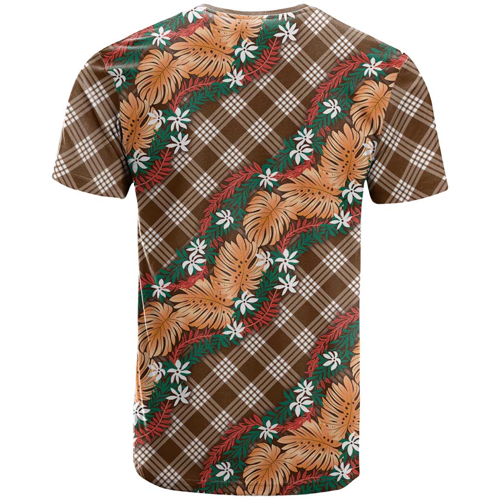 Polynesian Monstera Tiare Floral T Shirt Chocolate Brown Tropical Plaid - Polynesian Pride