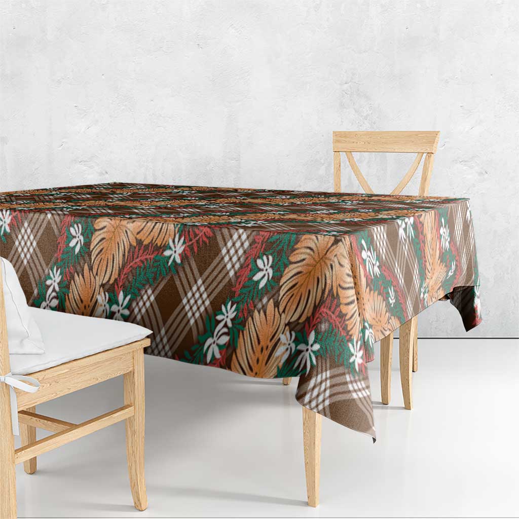 Polynesian Monstera Tiare Floral Tablecloth Chocolate Brown Tropical Plaid - Polynesian Pride