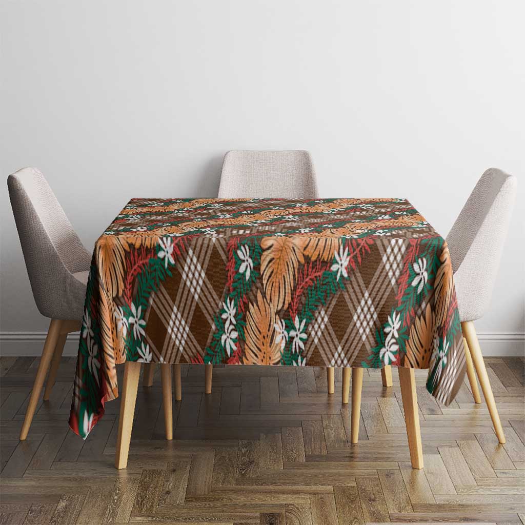Polynesian Monstera Tiare Floral Tablecloth Chocolate Brown Tropical Plaid - Polynesian Pride