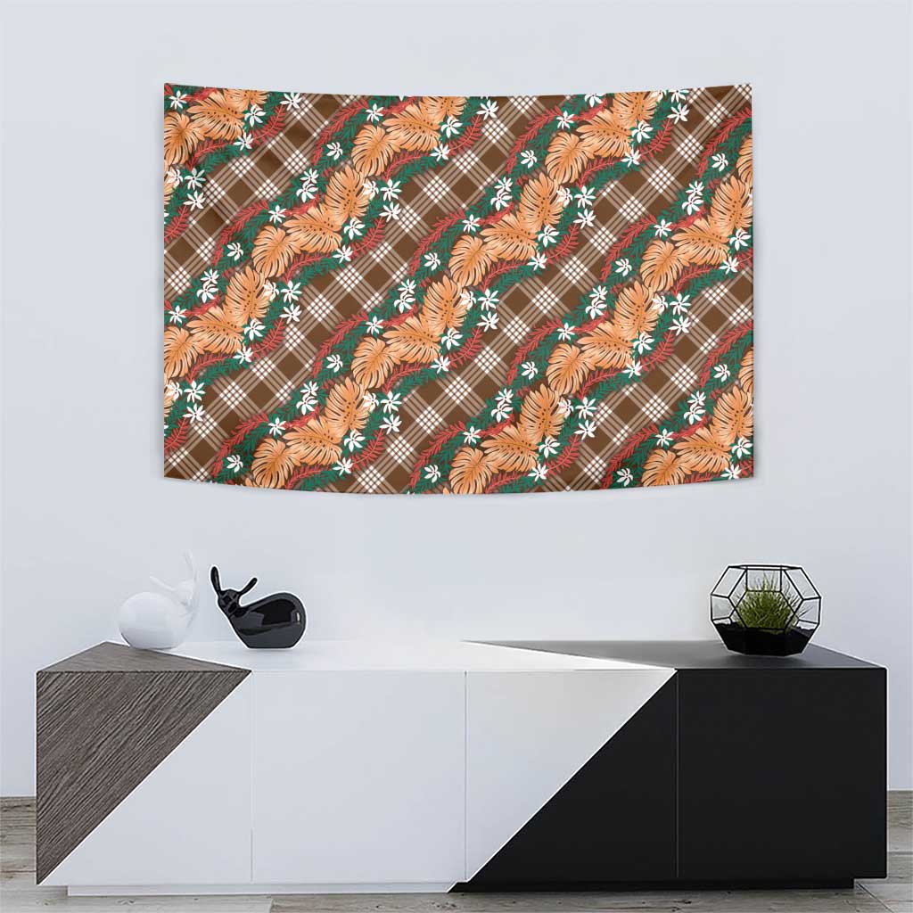 Polynesian Monstera Tiare Floral Tapestry Chocolate Brown Tropical Plaid - Polynesian Pride