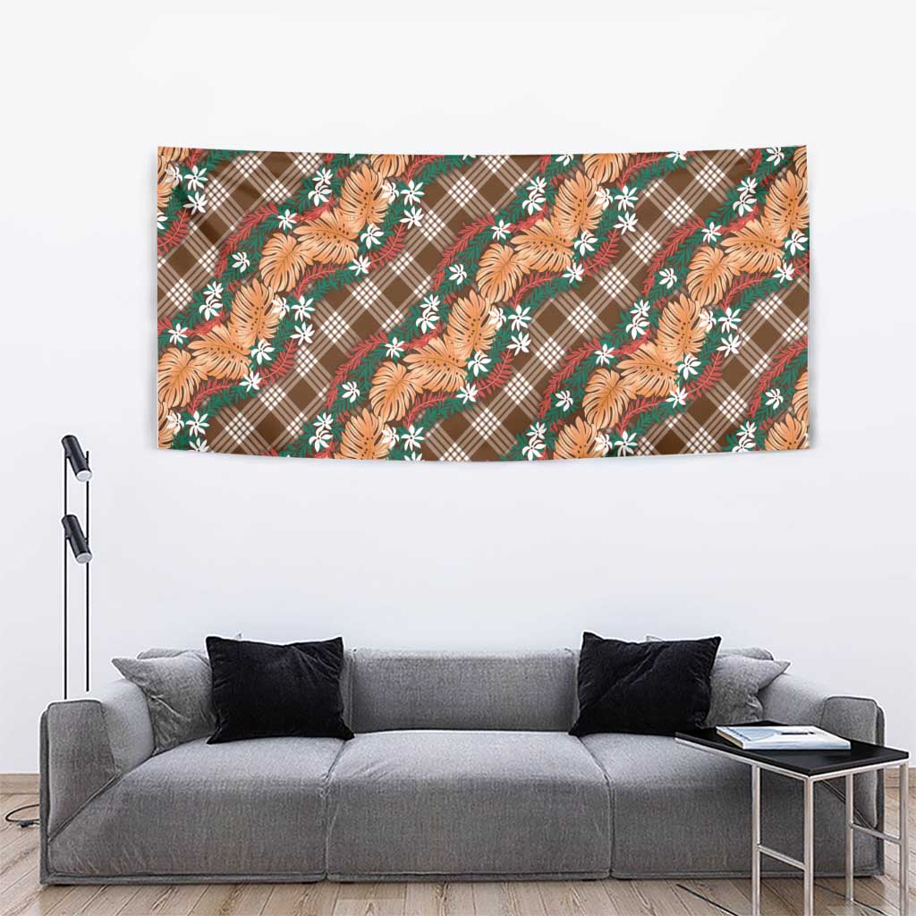 Polynesian Monstera Tiare Floral Tapestry Chocolate Brown Tropical Plaid - Polynesian Pride