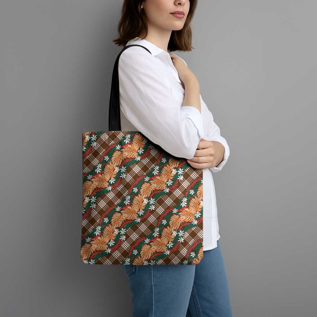 Polynesian Monstera Tiare Floral Tote Bag Chocolate Brown Tropical Plaid - Polynesian Pride