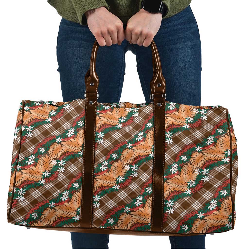 Polynesian Monstera Tiare Floral Travel Bag Chocolate Brown Tropical Plaid - Polynesian Pride