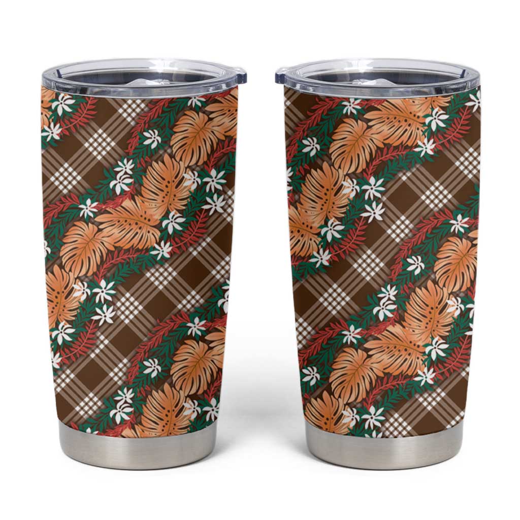 Polynesian Monstera Tiare Floral Tumbler Cup Chocolate Brown Tropical Plaid - Polynesian Pride