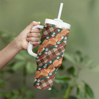 Polynesian Monstera Tiare Floral Tumbler With Handle Chocolate Brown Tropical Plaid - Polynesian Pride