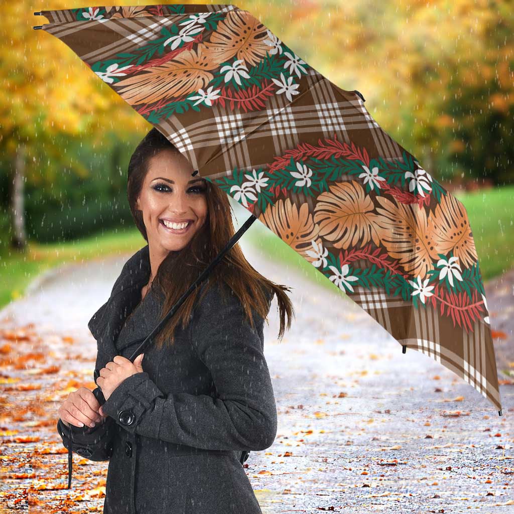 Polynesian Monstera Tiare Floral Umbrella Chocolate Brown Tropical Plaid - Polynesian Pride