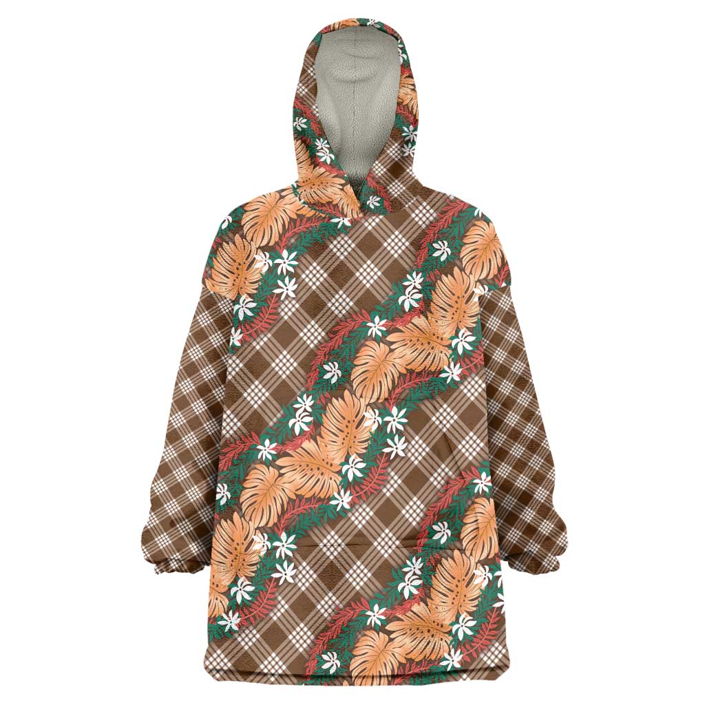 Polynesian Monstera Tiare Floral Wearable Blanket Hoodie Chocolate Brown Tropical Plaid LT01 One Size Brown - Polynesian Pride