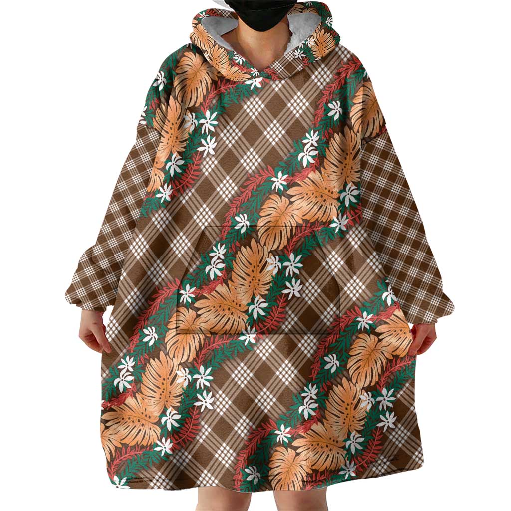 Polynesian Monstera Tiare Floral Wearable Blanket Hoodie Chocolate Brown Tropical Plaid - Polynesian Pride