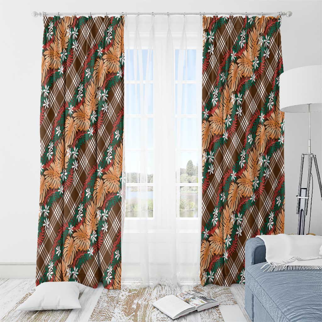 Polynesian Monstera Tiare Floral Window Curtain Chocolate Brown Tropical Plaid - Polynesian Pride