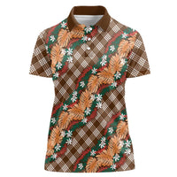 Polynesian Monstera Tiare Floral Women Polo Shirt Chocolate Brown Tropical Plaid - Polynesian Pride