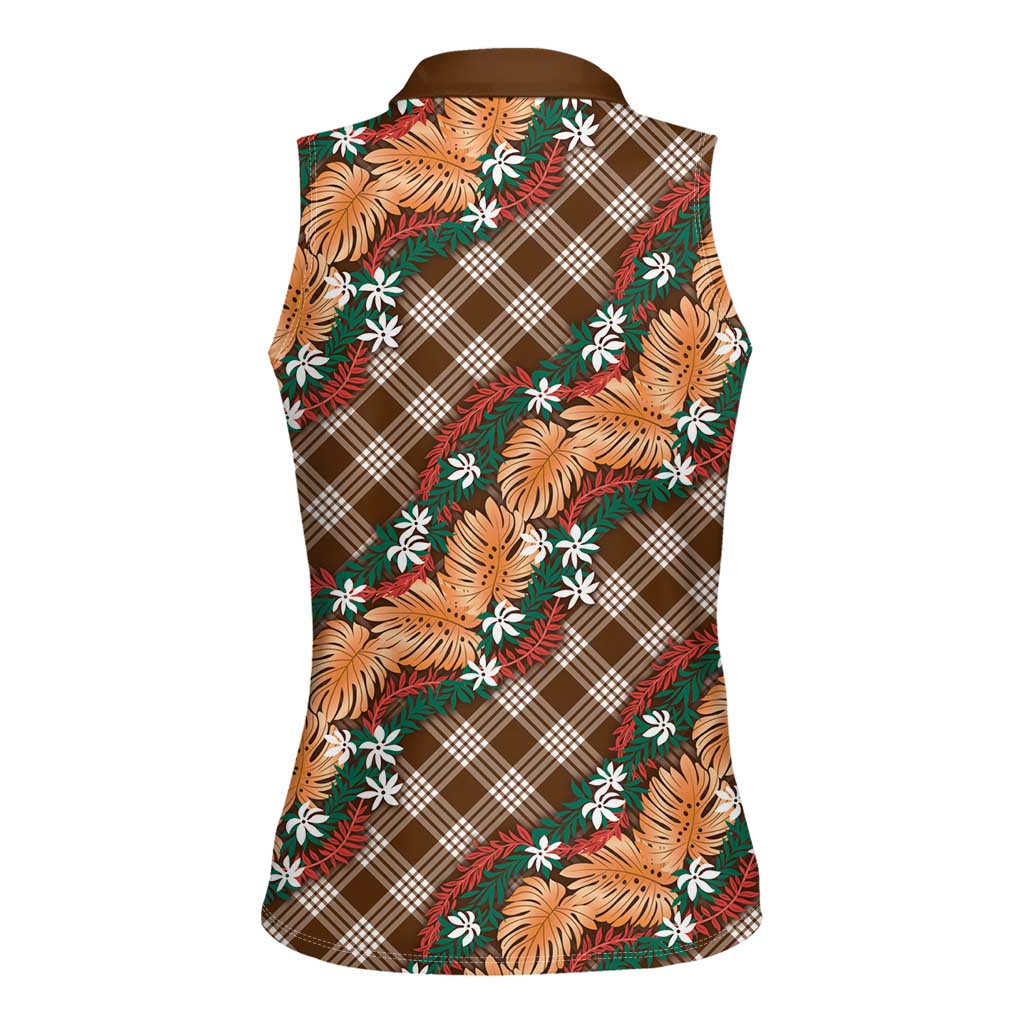 Polynesian Monstera Tiare Floral Women Sleeveless Polo Shirt Chocolate Brown Tropical Plaid - Polynesian Pride