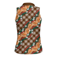 Polynesian Monstera Tiare Floral Women Sleeveless Polo Shirt Chocolate Brown Tropical Plaid - Polynesian Pride