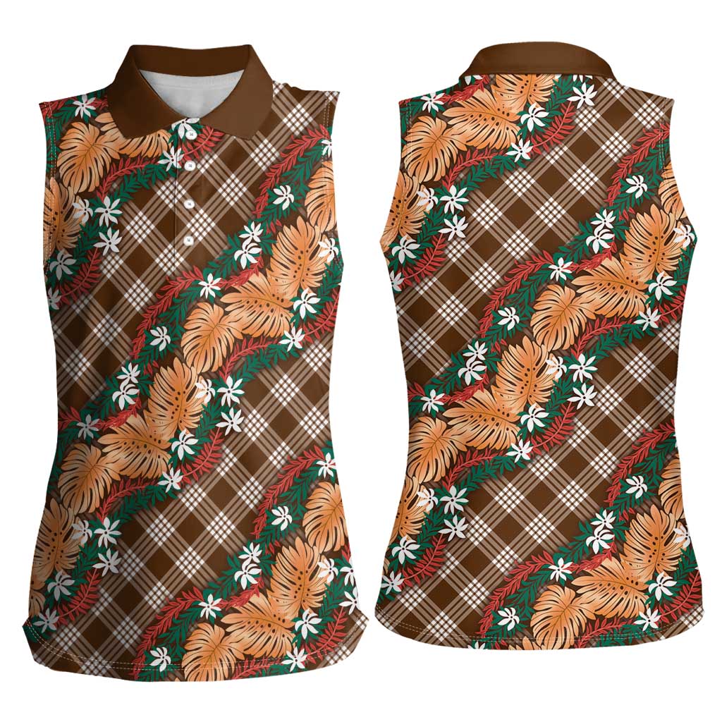 Polynesian Monstera Tiare Floral Women Sleeveless Polo Shirt Chocolate Brown Tropical Plaid - Polynesian Pride